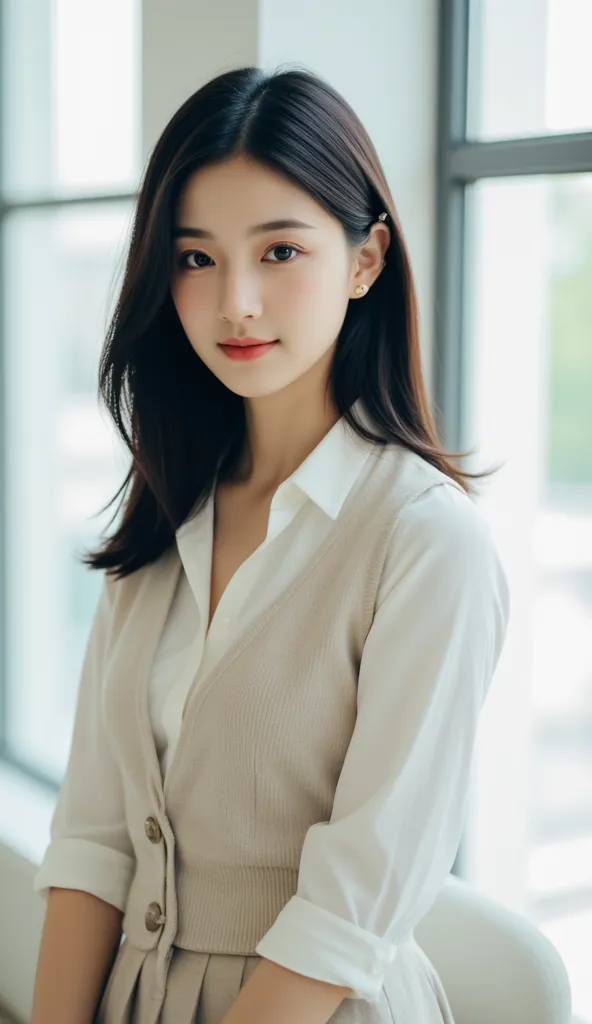 A 28-year-old office lady. A beautiful Japanese woman.
Beautiful features, light makeup, long, straight black hair.
Slim and tall.
Her uniform is a pale brown pencil skirt with a vest of the same color and a long-sleeved white blouse with a ribbon.
Small g...