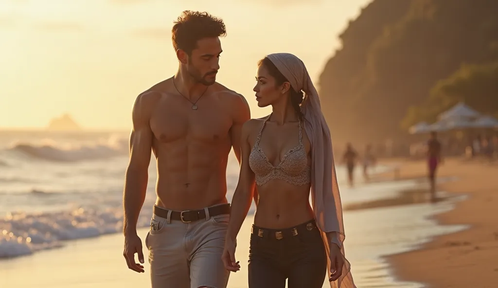 A woman with hijab, naked nude body, little fat body, tight legging, tight shirt, Sexy, walking on the beach with a guy.