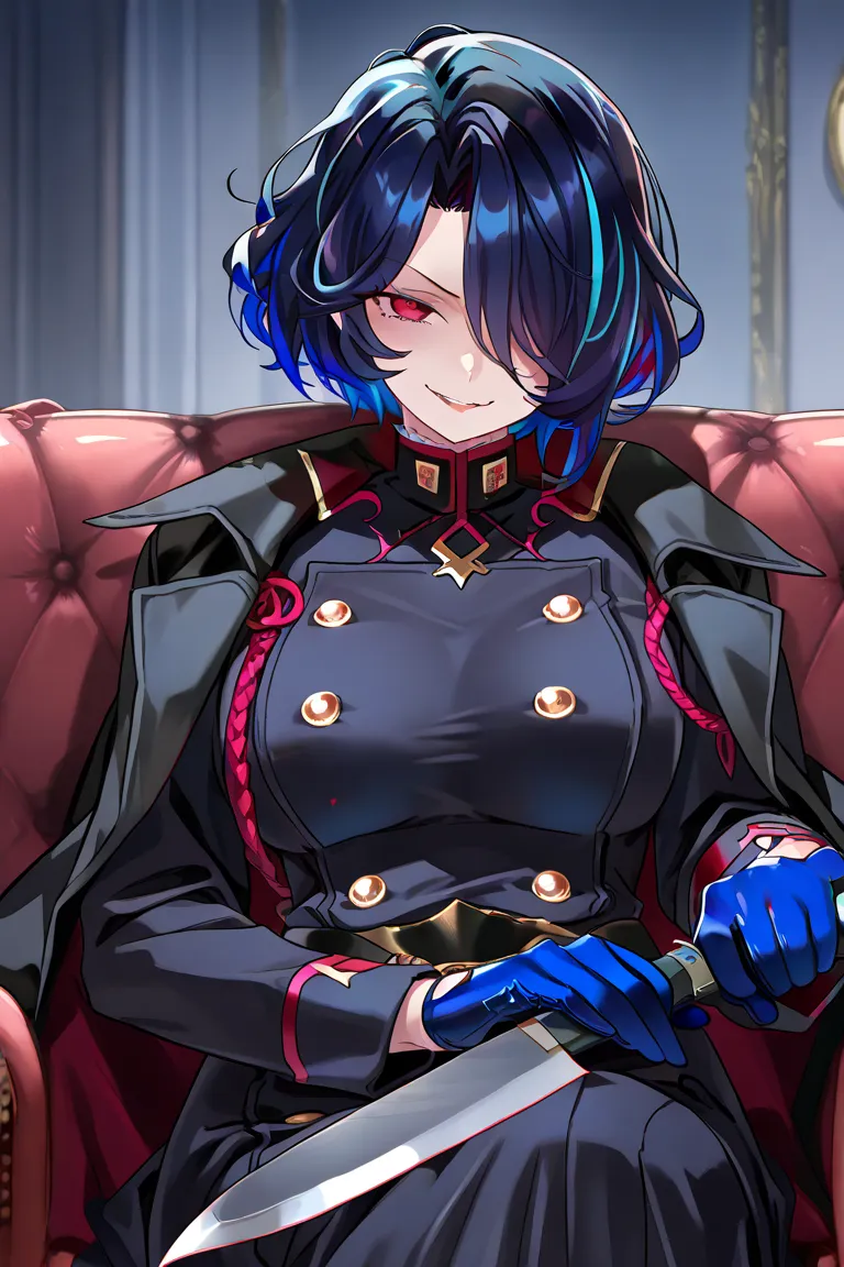 Uniform 1 Big Breasted Girl, blue hair, multicolored hair, detailed eyes, naughty expression, lust,  evil smile, blue glove, red eyes,  short hair, hair over one eye, black coat, sitting on the couch, holding a knife with your fingers