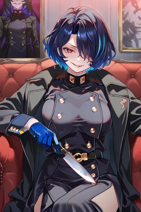 Uniform 1 Big Breasted Girl, blue hair, multicolored hair, detailed eyes, naughty expression, lust,  evil smile, blue glove, red eyes,  short hair, hair over one eye, black coat, sitting on the couch, holding a knife with your fingers