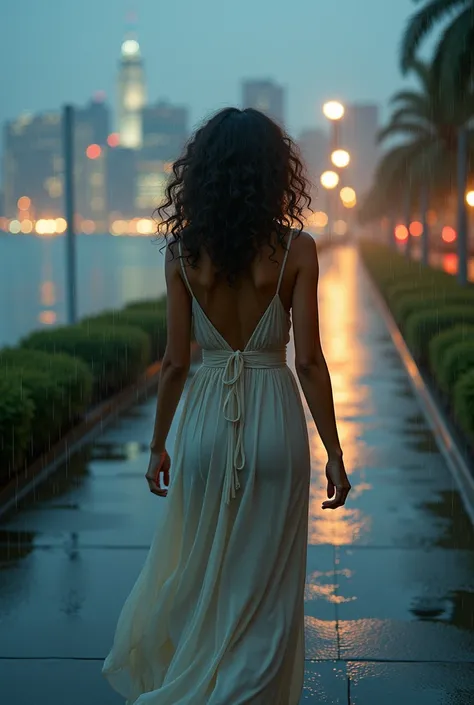 realistic image of a woman,  with curly hair, flowing dress, walking in the rain toward the city lights. Away from the foreground of the image