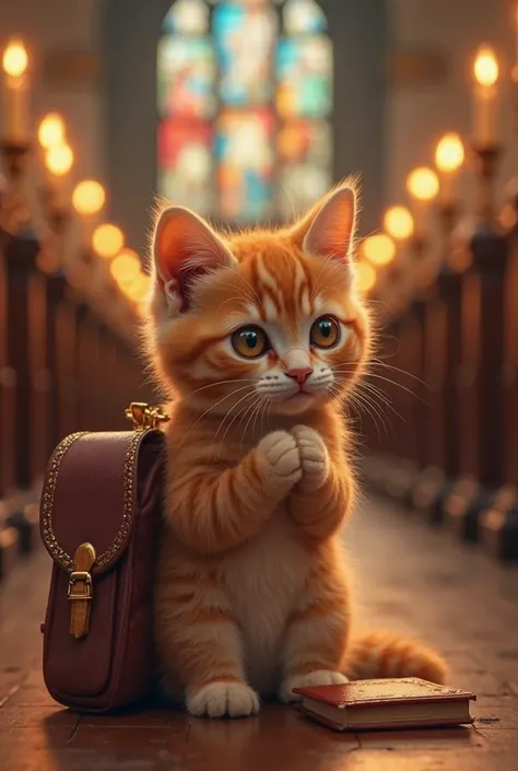 An adorable orange kitten with soft and slightly creepy fur, with large, glowing eyes in amber, kneeling inside a church, with the front paws joined in a prayer position. Its small backpack in the shape of a Bible, with gold details and a discreet cross, r...