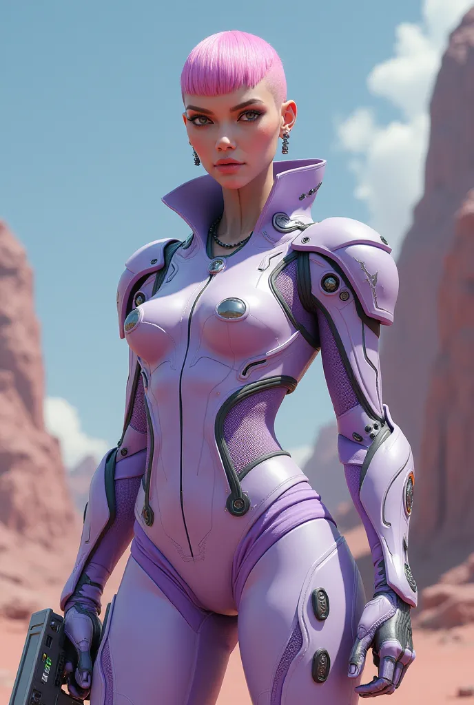 Create a model of a heroine, stately feature women wear a cyborg costume, futuristic scenery on short hair, bald hair color, pink, costume color, lilac, use a gun. 