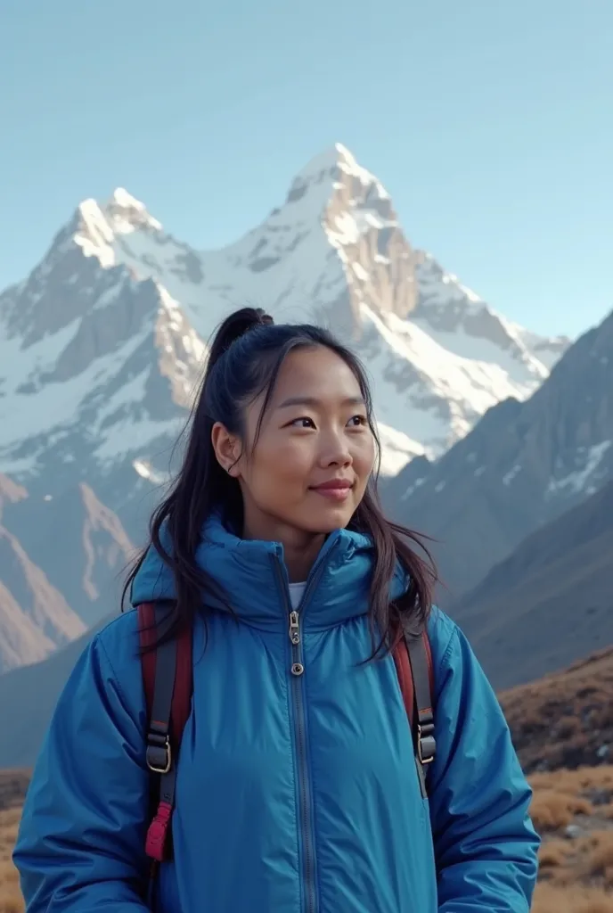 arafed woman in blue jacket standing on top of a mountain, with mountains in background, with mountains in the background, with mountains as background, young himalayan woman, pengzhen zhang, standing in front of a mountain, gemma chen, with earth in the b...