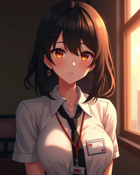  eyes half closed with a beautiful look, orange eyes, very pretty face, cute girl, Alone ,  Medium Hair, ((Black hair with brown tips)), very large breasts that look and stand out, tight office uniform, ID card,  pierced cross earrings , blush, anime,Curvy...