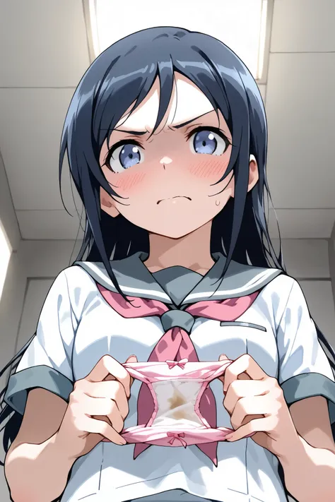 Aragaki Ayase, female 1 person,Alone,
extreme closeup below the chest, low angle,
black hair, long hair,half up, o, blue eyes,viewers,
spreading panty with hands,
unwearing panty,dirty panty,
very angry,blush,incontinence,contempt,
discomfort,
school ...