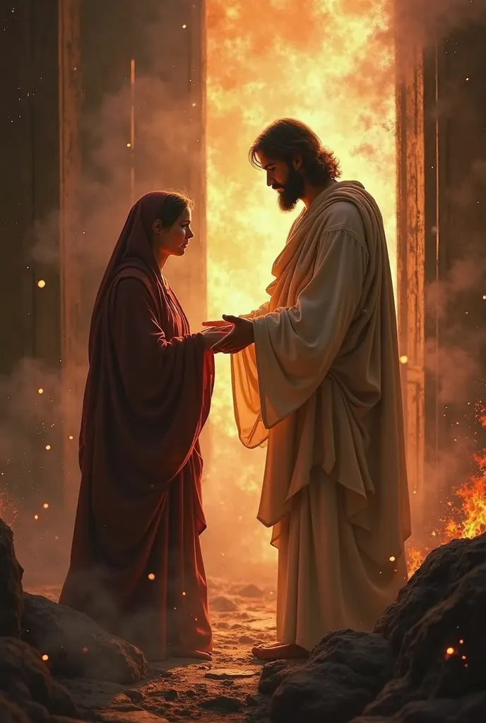 In a burning house, Jesus comforts a grieving mother, by helping her to find her ren and guiding them to safety.
