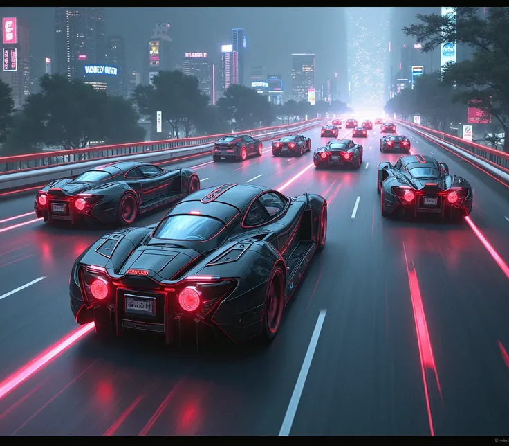 Concept art, Anime style, cyberpunk highway, moving cyber vehicles, Gray, dark, Neon lights, Night, exciting prospects