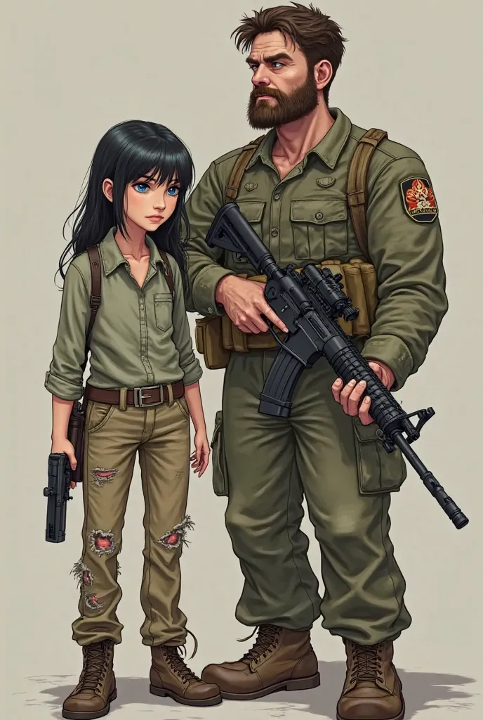 A girl with blue eyes and big black hair up to her ass, she has fair skin and is wearing half torn and dirty pants, holding a gun, , and next to her is a large man with the physical size of a soldier, he has dark brown hair up to his shoulder and has a thi...