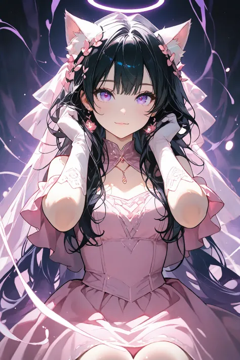 1girl, cat eye , cat gloves , black pink dress , black hair , purples eyes