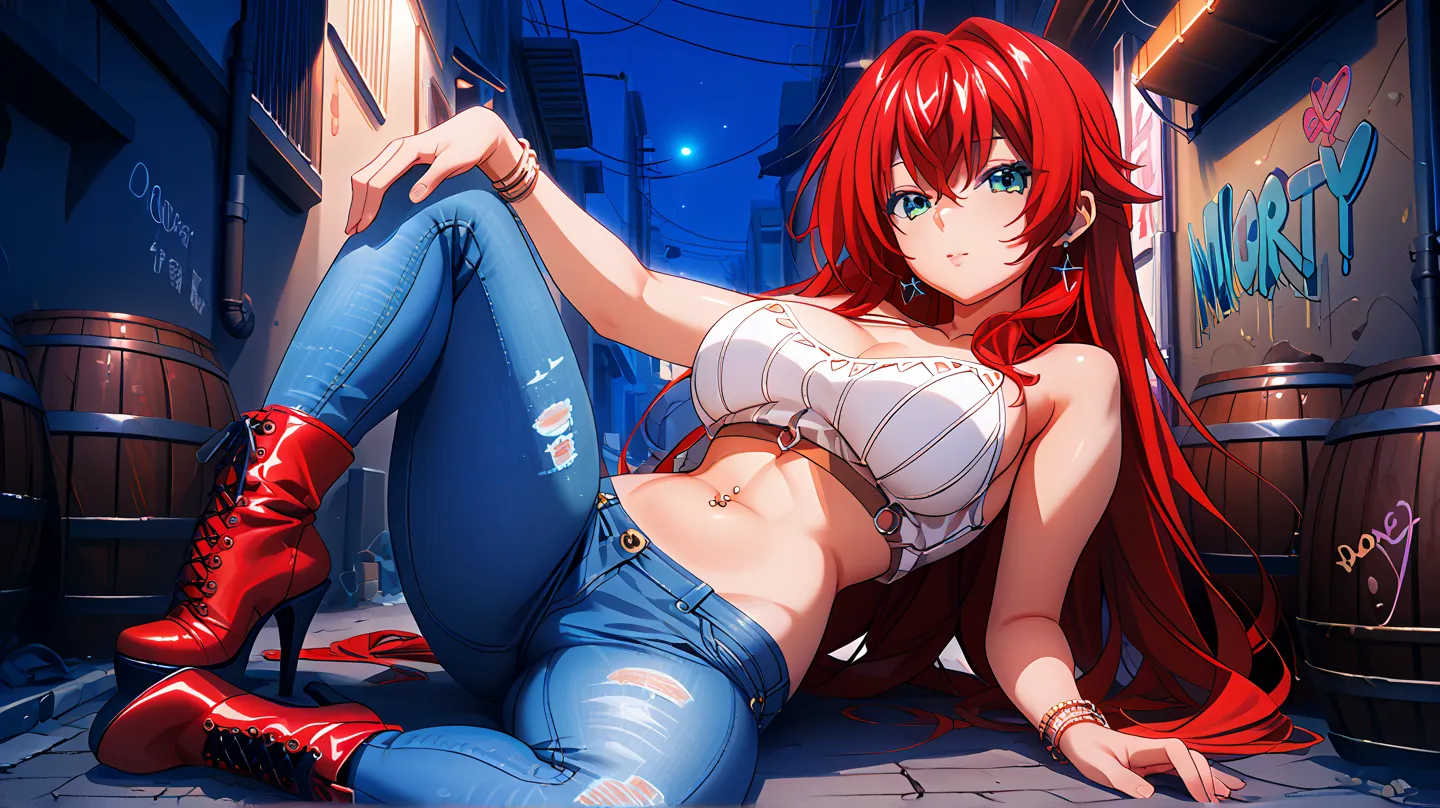   Sexy rias gremory, UHD, big breasts, wearing a two-tone blouse with bare shoulders,  navel piercing , bracelets, short one leg jeans,  high heel boots, At night in an alley with graffiti, sitting on a metal barrel, close up, 