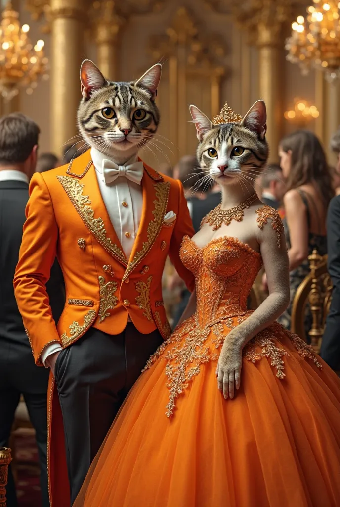 A grand royal ballroom with golden chandeliers and elegant decor, featuring two anthropomorphic cats dressed in luxurious evening attire. The male cat wears an opulent orange tuxedo with intricate gold embroidery, a white bow tie, and a matching vest. The ...