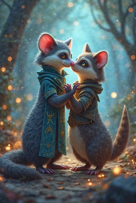 Sorceress opossum and sorcerer raccoon kissing each other in animation