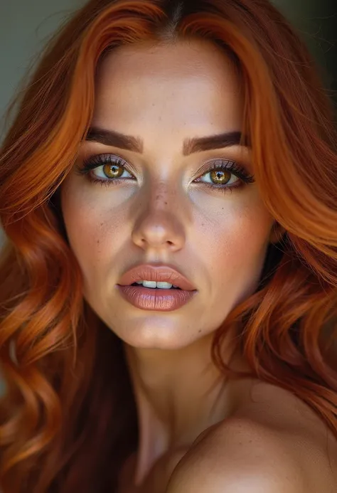 Brazilian woman with light medium skin, perfect brown eyes, long wavy red hair, arched eyebrows, textured glowing skin, glossy lips, glowing makeup, eyeliner.