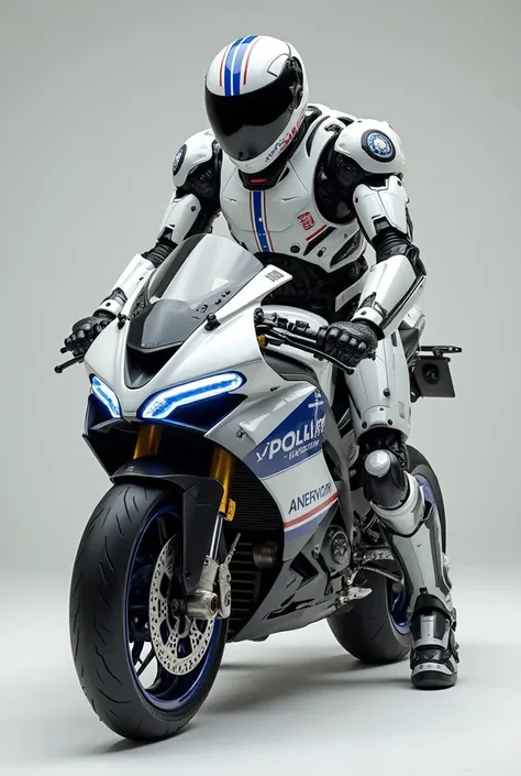 The picture shows a futuristic police motorcycle in its complete transformation. The motorcycle is white and black, with bright blue and red stripes, which underline the police look. Robot, wobei sich der vordere Bereich des Motorrads in kräftige Robotarme...