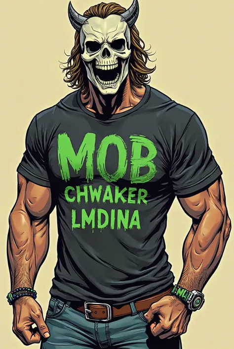 Draw me a muscular man wearing a mask with a bone skeleton and wearing a t-shirt that says MOB Chwaker Lmdina and colored in green and black. He hits a naughty  wearing a red and green dress that says JSMB LMSager and that  cries 