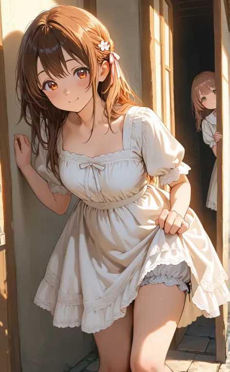  thighsぺったんこ胸、full body、fits in the frame from head to toe、○○ toe、 thighs、 bloomers、 slouching forward、 full butt 、outdoor、cute女の子、cute、dress、girl version of zundamon