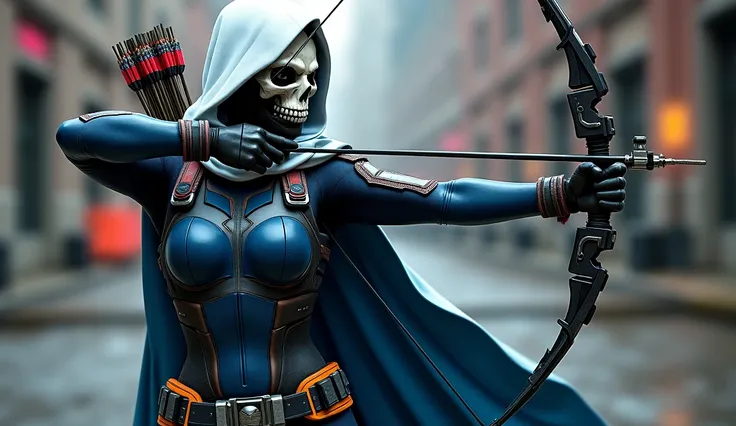 A full-body cinematic, realistic portrayal of a female Taskmaster wearing a dark blue and black tactical suit. She has a white hooded cape, and a skull-shaped mask covering her face. Her outfit includes silver and orange accents with a utility belt and arm...