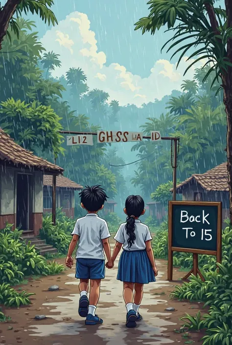 A rainy kerala village.Back view of a  boy and girl wearing white and blue school uniform.they are walking towards a village school gate named GHSS VALAD.there is a classroom black board placed next to them written BACK TO 15 on it.create a cartoonic style...