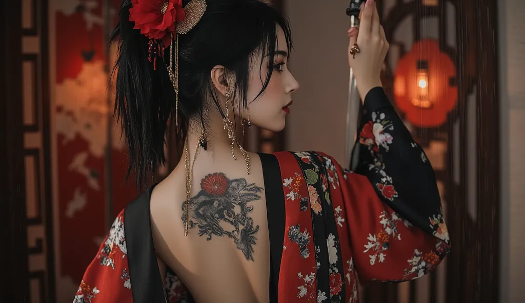 This image features a woman with a modern samurai or geisha aesthetic, wearing traditional Japanese clothing in red and black with floral print. She has long dark hair decorated with red flowers and gold accessories, as well as dramatic eye makeup in red.
...