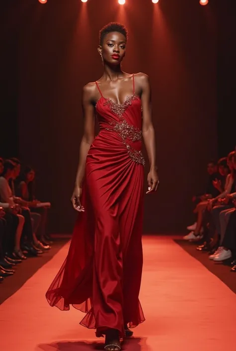 Miss catwalking woman on the stage (strong look, brown skin, dark red colour cloth evening gown, short hair, red lip)