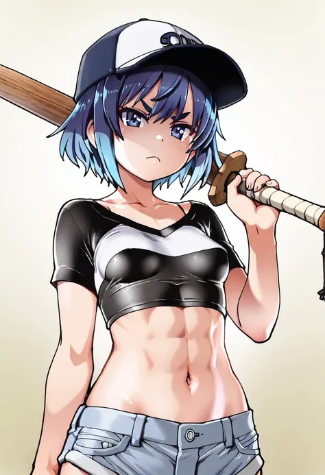 (masterpiece, best quality),source_anime, A girl wearing a baseball cap and holding a wooden sword. cropped tee,shorts, beautiful Abs,navel. anger,Glare. solid stylish background, BREAK (16yo,(darkblue hair, wavy-short hair),darkblue eyes,bold eyebrows,mid...