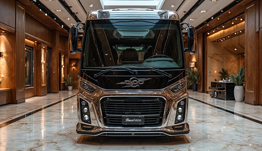 "A luxurious, camera (2025 Model Volvo 9600 bus ) with a bold and modified design, featuring a (Front Right) shiny polished exterior. In the (Front Right) view, the Bus  modified front is highlighted, showcasing a custom (front Right) with an aggressive de...