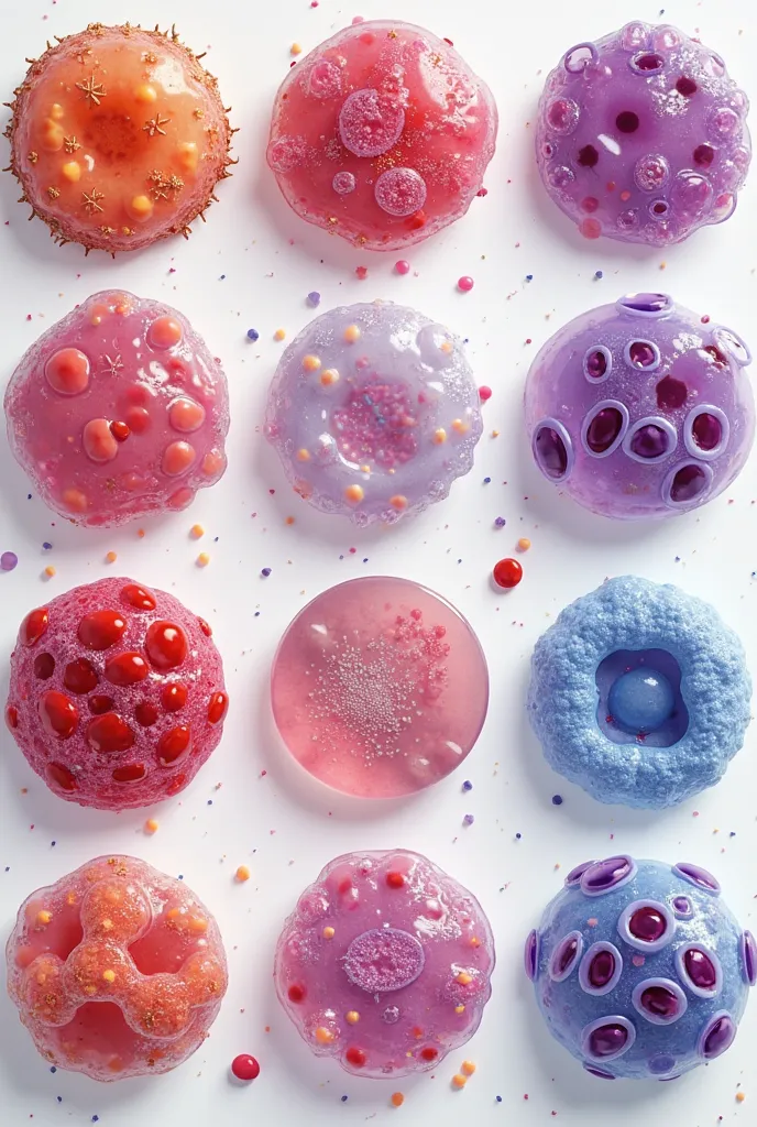 eosinophil, typical lymphocyte,  basophil , atypical lymphocytes, monocyte, metamyelocytes, myelocytes, promyelocytes, myelobasts, lymphoblasts, atypical lymphocytes. Each one in a different image 