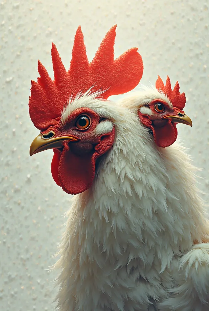 Just head of a fighting rooster with head of a fighting hen and head of a pine chick together 