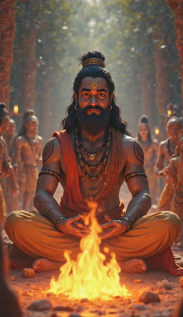 Generate in cinematic 3d cartoon style
Lord Brahma, the creator god, sitting in a sage-like posture, chanting Vedic mantras with his four faces. In the foreground, Lord Shiva and Goddess Parvati are solemnly taking sacred vows around the eternal fire. Lord...