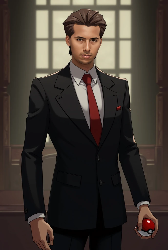 With these facial features, he performs a character similar to Giovanni from the Pokémon Rocket team,  brown, high, wearing a black tuxedo and a red tie and holding a Pokébola