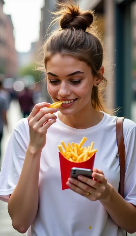 The woman with almond-shaped eyes and long, straight, light brown hair styled in a messy top bun. She has a youthful appearance and is wearing casual, comfortable clothes. As she walks down the street, she’s eating a container of crispy French fries with o...