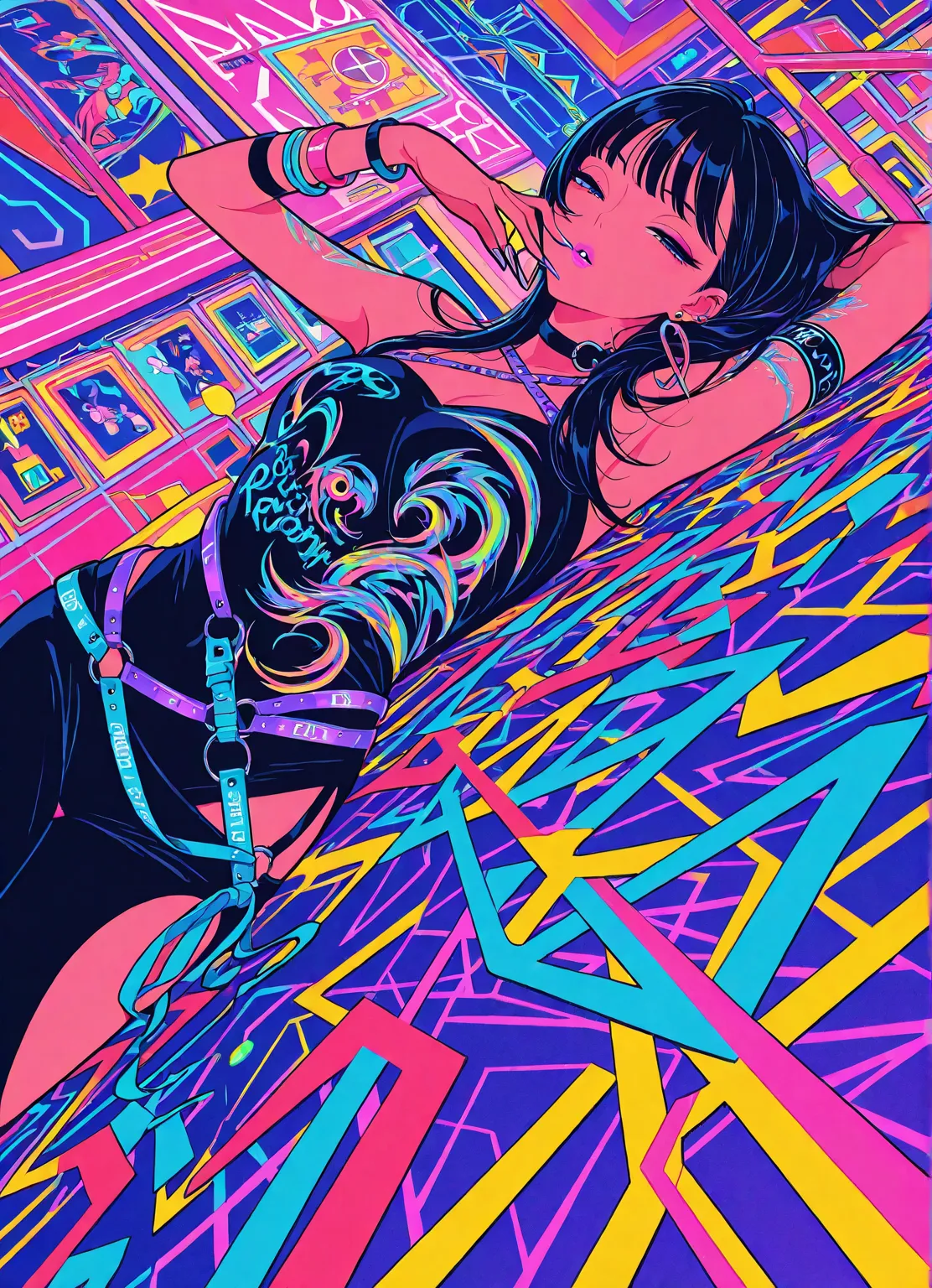   flat color, gyaru, cool beauty, black hair, slender body, half-closed eyes, rest, japan exotic fashion, neon motif room, geometric art, dynamic  angle,