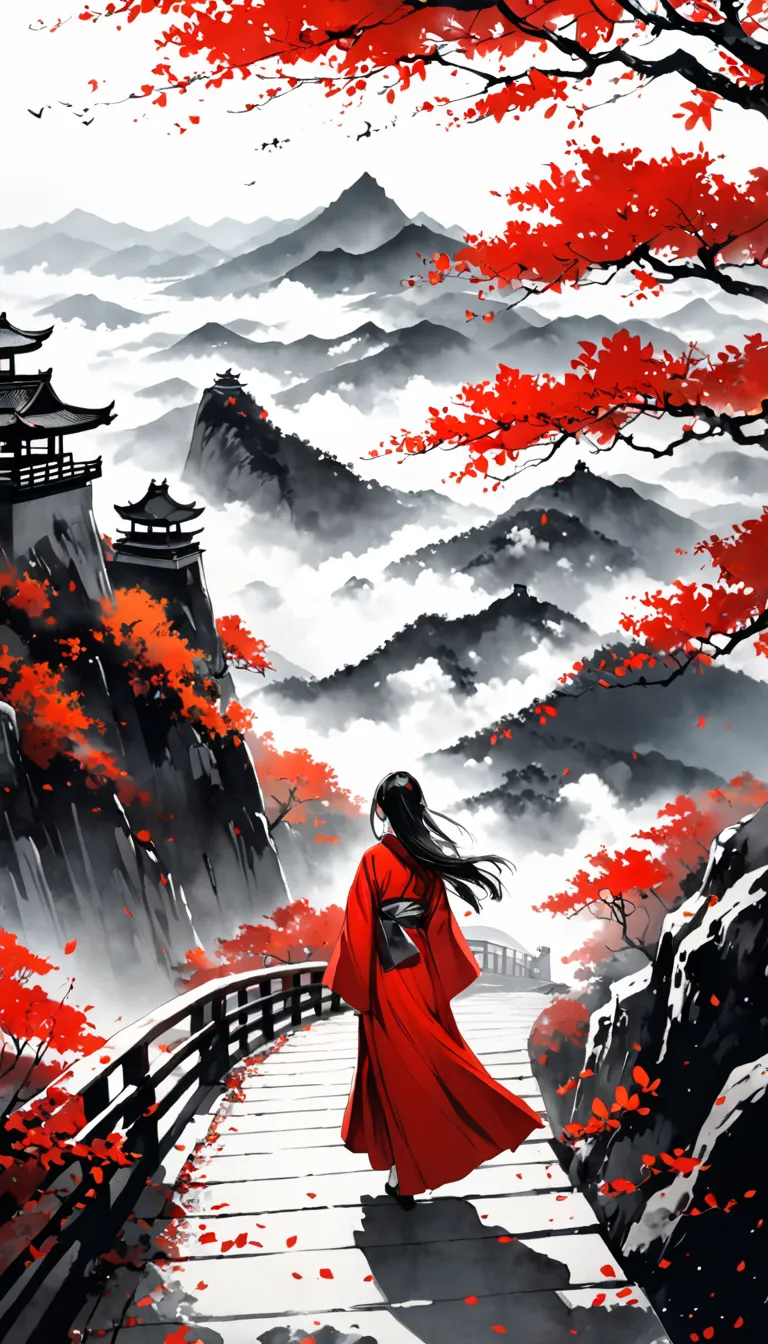 traditional Chinese ink painting,Yanagizhi ,Black and white ink painting , ( masterpiece,best quality),  vivid illustration ,Fallen Leaves,Bokeh, Mystery,Sky, Clouds ,Mountain,1 Girl, alone， long hair,black and red hanfu,Female walker