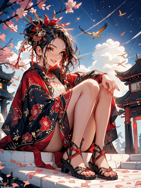 ( gym sitting)、young age beauty( smile like a , black hair,slender figure,supple and curved proportions that glow in Prism School's rainbow colors,Captivating legs）。
(Sumptuous gold thread embroidered cherry blossoms and auspicious patterns、The finest red ...