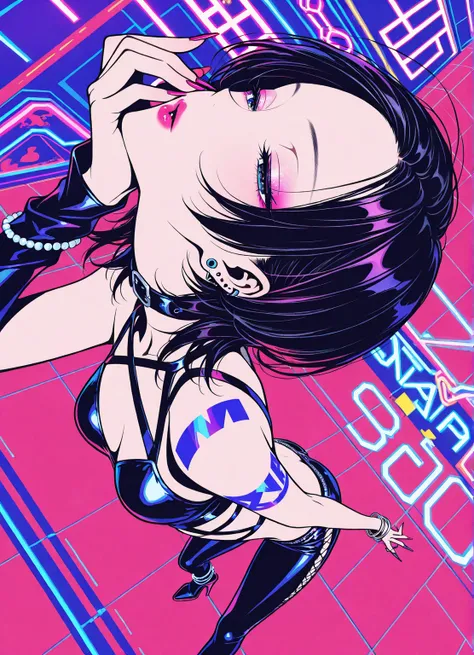   flat color, gyaru, cool beauty, black hair, slender body, half-closed eyes, rest, japan exotic fashion, neon motif room, geometric art, dynamic  angle,