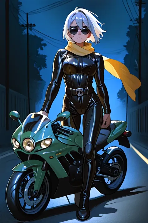 Pretty Girl Android 、full-body black leather rider suit、 black sunglasses、long yellow scarf、Dagger in left hand、Kawasaki Bikes、The expression is ish、The hairstyle is a silver-haired bob、 night view