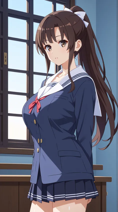 (UHD, retina, masterpiece, accurate, anatomically correct, super detail, high details,   highres, 1080P, 16k、high detail RAW color art:1.3)、 (megumi katou:1.3)、(long hair, ponytail, brown hair, brown eyes:1.3)、(very gigantic breasts:1.5)、(shiny skin:1.3)、(...