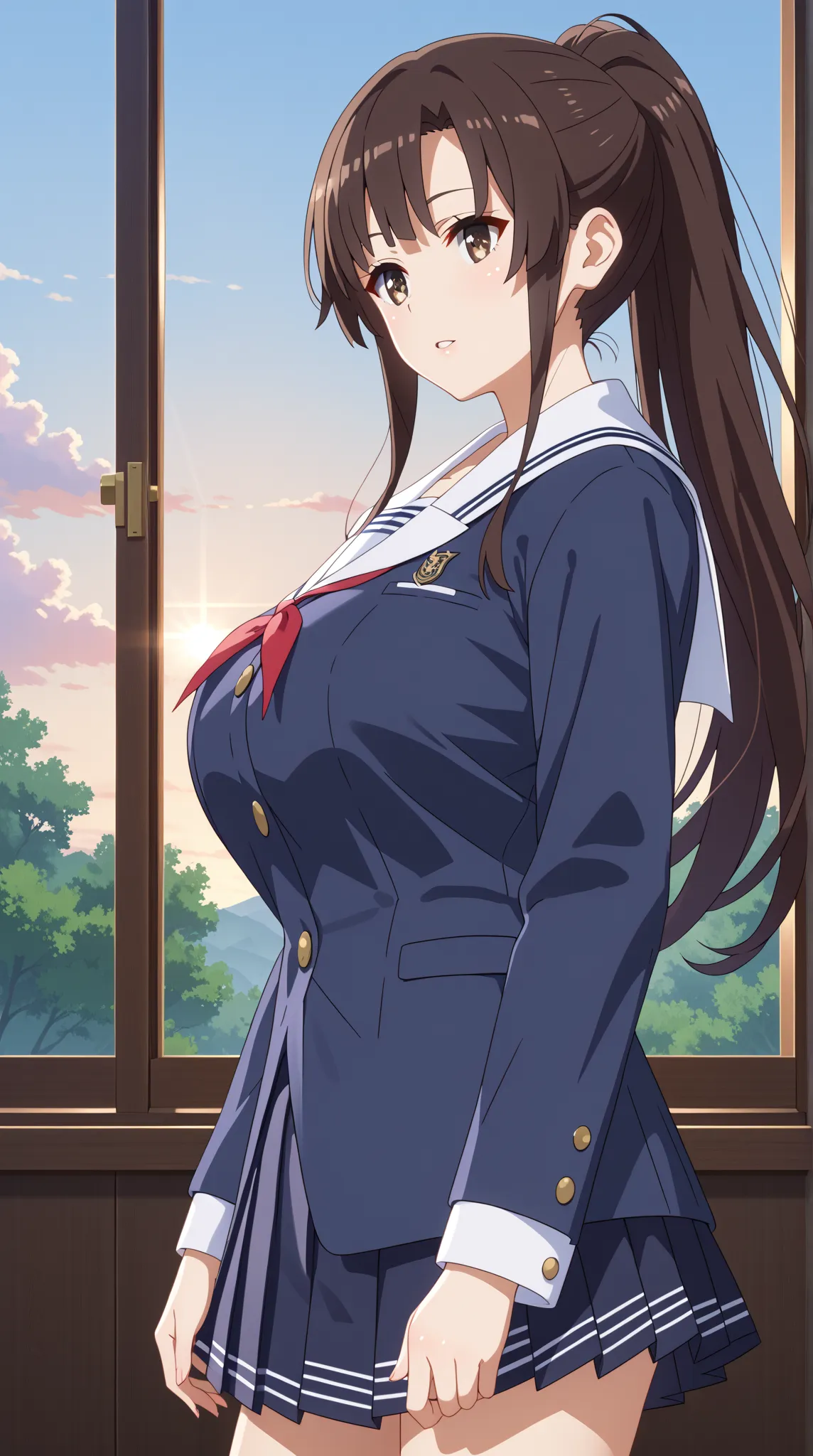 (UHD, retina, masterpiece, accurate, anatomically correct, super detail, high details,   highres, 1080P, 16k、high detail RAW color art:1.3)、 (megumi katou:1.3)、(long hair, ponytail, brown hair, brown eyes:1.3)、(very gigantic breasts:1.5)、(shiny skin:1.3)、(...