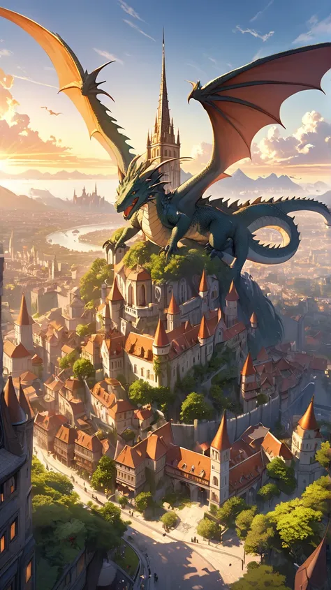 Fantasy world city with dragon flying