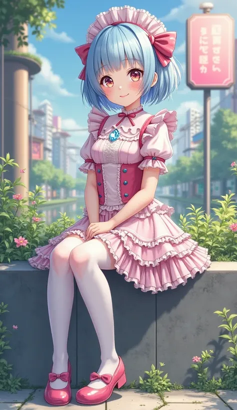 masterpiece, Highest quality, High Resolution, very detailed,((( pretty girl with light blue hair))), (((Japanese anime))), (((short hair full of pee))), (((design with frills and ribbons))), (((big ribbon))), (((white socks up to the thigh))), (((pink lol...