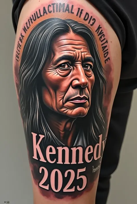 Create a tattoo with the name Kennedy dates from 2025 and a male Indian in the background only the face of the very realistic Indian