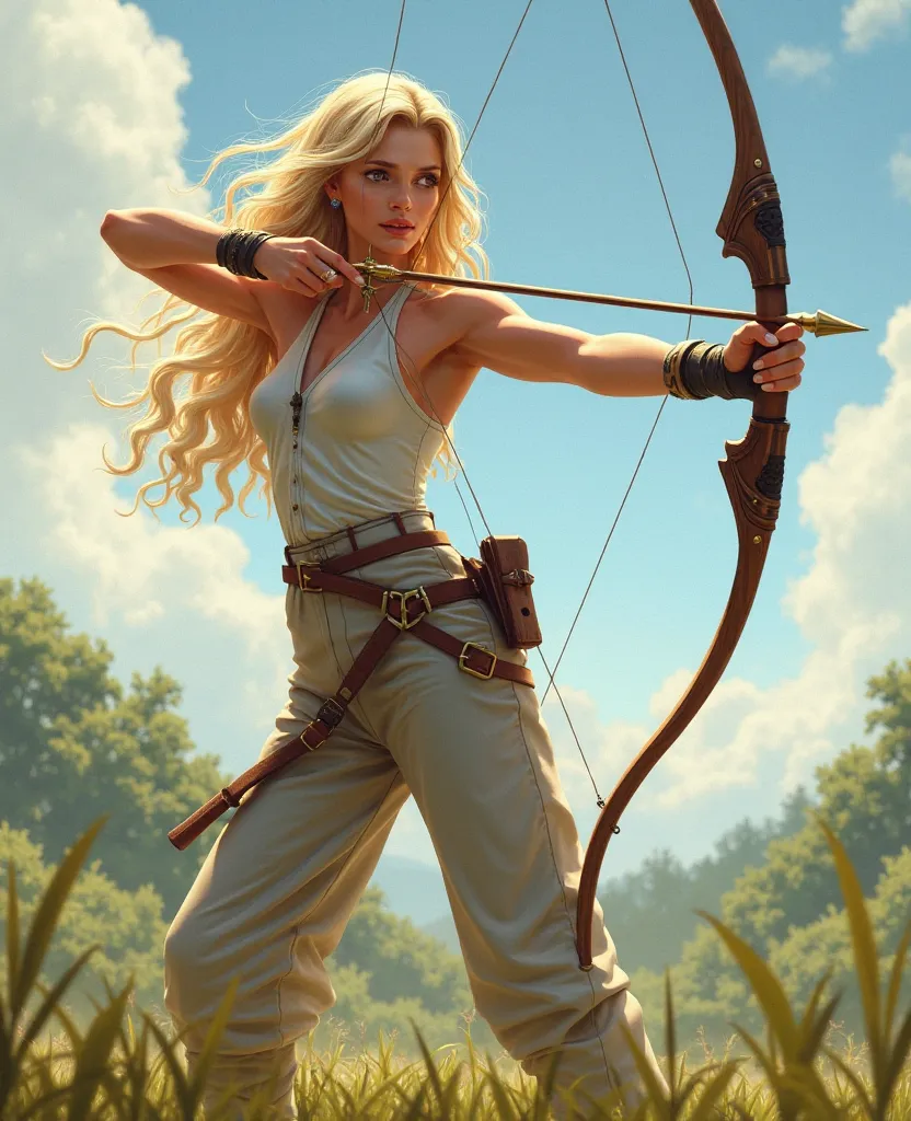 a blonde female archer, with long curly hair, aiming at a target.   It's a sunny day and the light is soft