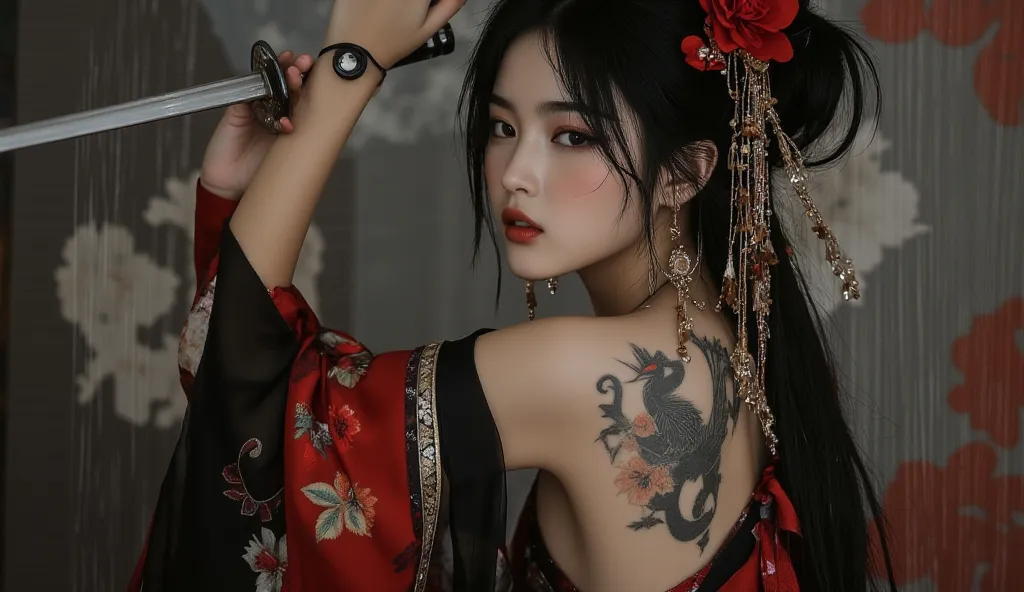 This image features a woman with a modern samurai or geisha aesthetic, wearing traditional Japanese clothing in red and black with floral print. She has long dark hair decorated with red flowers and gold accessories, as well as dramatic eye makeup in red.
...