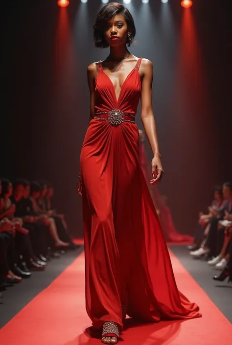 Miss catwalking woman on the stage (strong look, brown skin, dark red colour cloth evening gown, short hair, red lip)