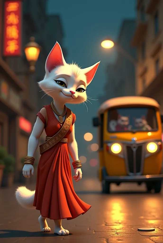 The anthropomorphic female cat, with sleek white fur and a serene smile, nods her head softly. Her eyes reflect a sense of relief and joy as she begins to walk slowly towards the auto-rickshaw. Her traditional outfit flows gracefully with each step, and th...