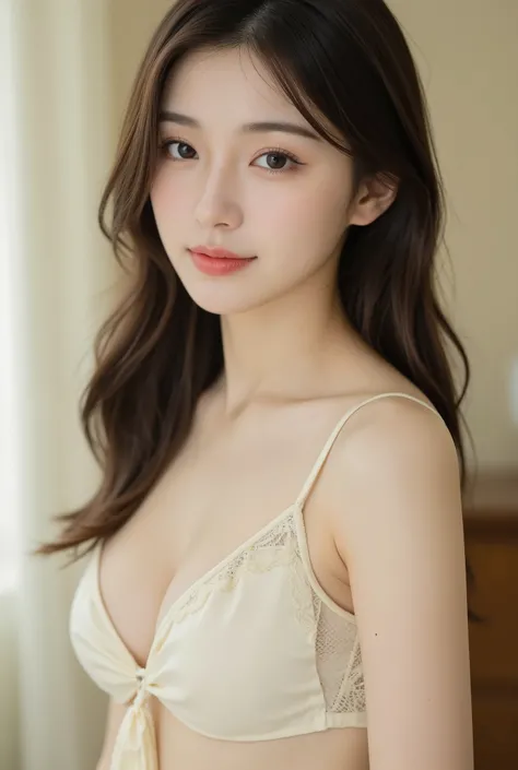 big breasts, High Resolution, masterpiece, Highest quality, 

Close-up portrait of a young Asian woman, Mid-20s, with long, dark brown hair, showcasing a confident and alluring expression.  She's wearing a cream-colored, lace-trimmed crop top with a tied b...