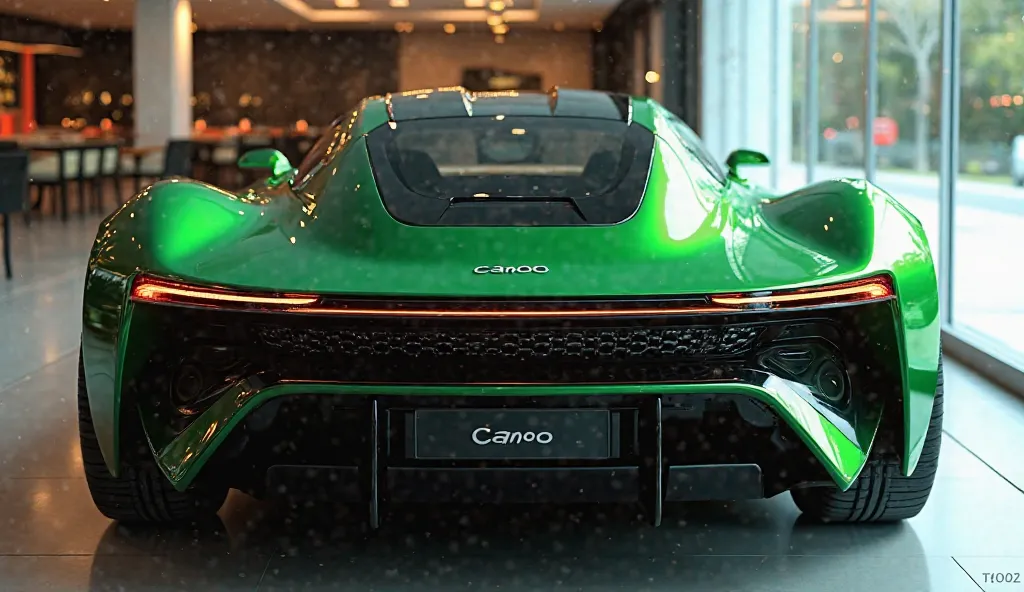 "An ultra-realistic image of the back end of a futuristic back 2025  green . The car features a large, imposing, and aerodynamic design with a glossy green shiny exterior. The back view end has a wide, aggressive grille with intricate subject accents and a...