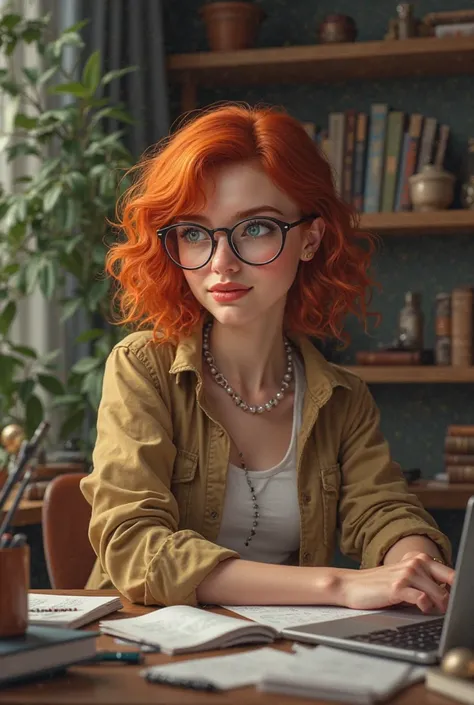 Take a picture of a girl with round glasses, Redhead and curly, 26 years old, Who is studying engineering, and is with a dating alliance