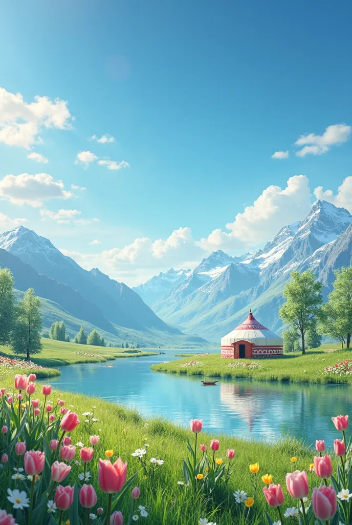 Picture for the Nauryz holiday, blue sky with no clouds and mountains, in the foreground are delicate flowers or tulips and green steppe and lake and yurt, the picture should be bright and realistic 